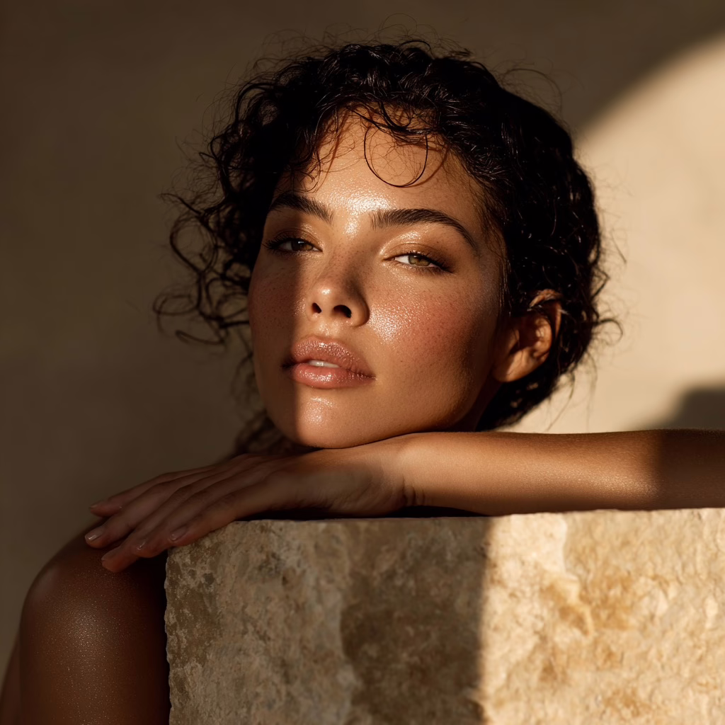 minimalist portrait showing glowing dewy shoulder and neck resting on natural warm-toned stone, skin appears poreless, soft golden light cascading across, surrounded by neutral backdrops and linen textures, styled like a high-end skincare editorial, serene and grounded, Vessel Aesthetics inspired no clutter --v 7 Job ID: 4bcc7dd7-ad03-4037-9078-8acab894bdb5