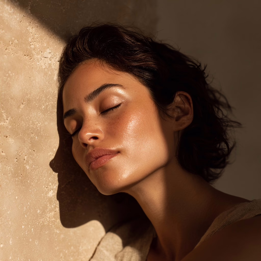minimalist portrait showing glowing dewy shoulder and neck resting on natural warm-toned stone, skin appears poreless, soft golden light cascading across, surrounded by neutral backdrops and linen textures, styled like a high-end skincare editorial, serene and grounded, Vessel Aesthetics inspired no clutter --v 7 Job ID: f6535982-1d7c-4cd4-ac03-a77eb0b043aa